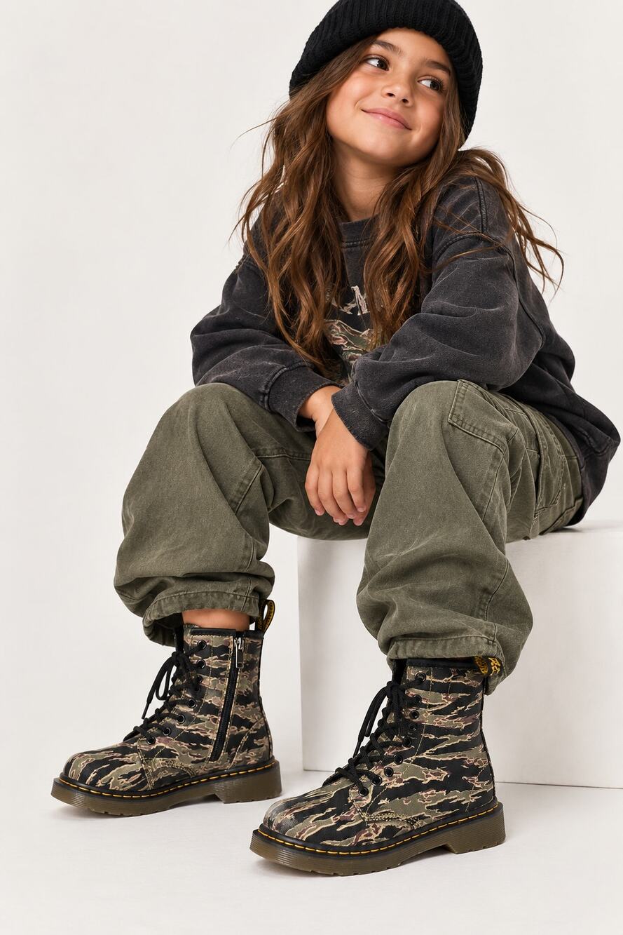 Dr. Martens Kids US 13 Tiger Camo Canvas Combat Boots Side Zip Lace Up